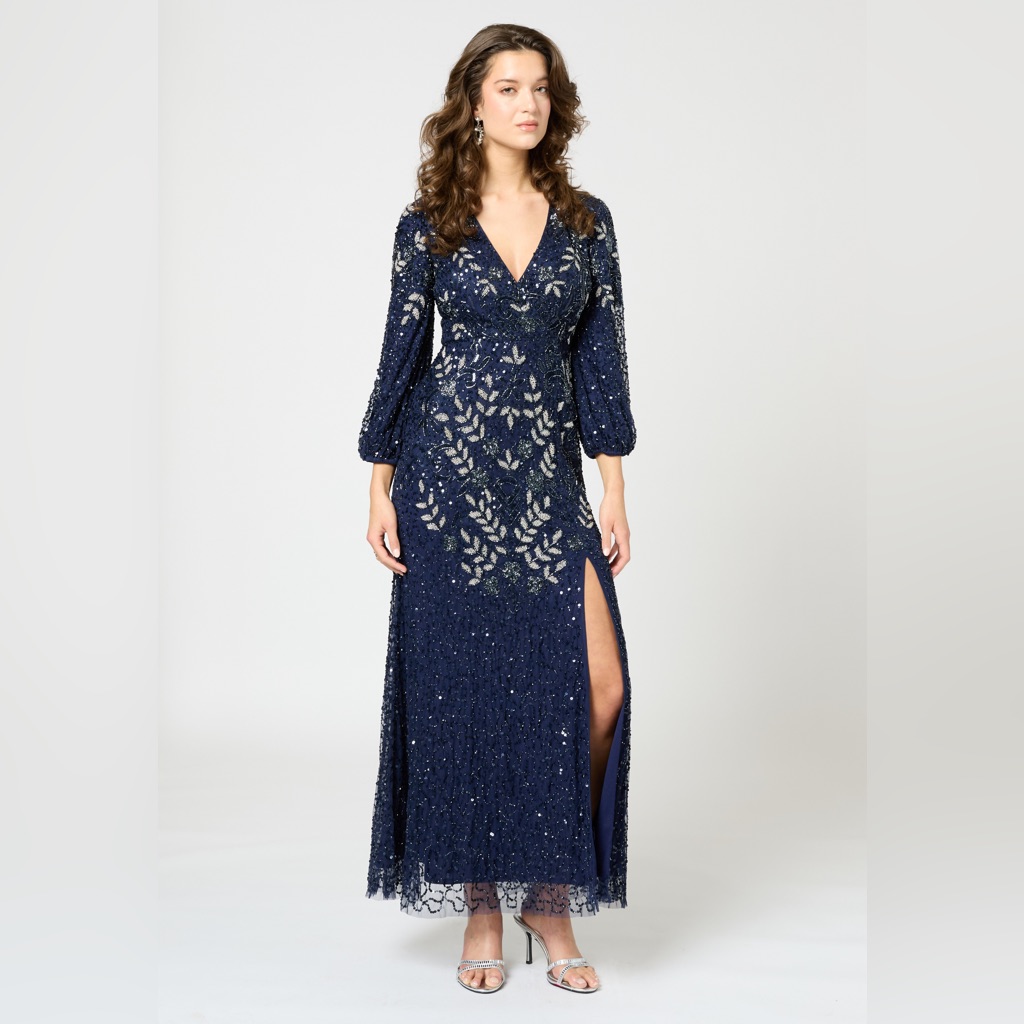 Embellished Sequin Beaded Maxi Dress With Sleeves - Beauut